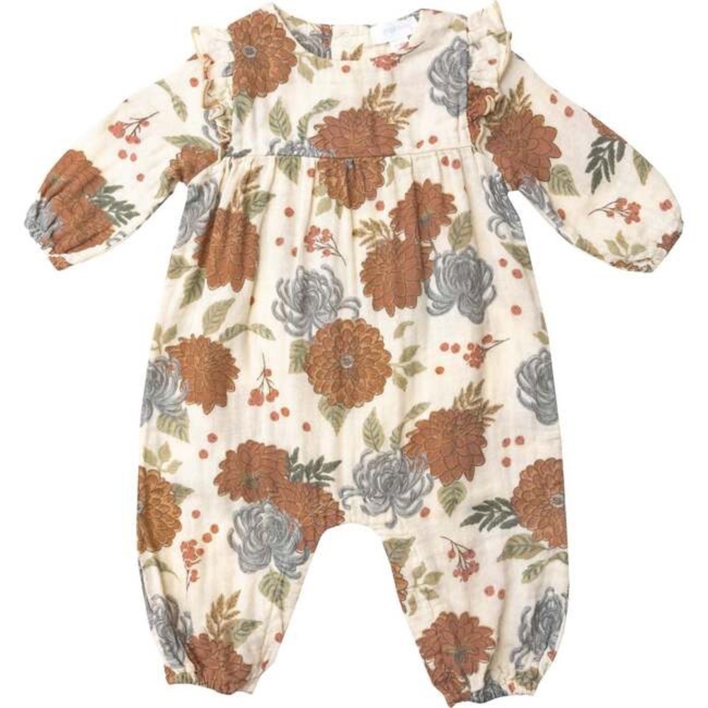 NWT Angel Dear Organic Cotton Ruffle Romper, Fall Dahlias Print, 18-24M